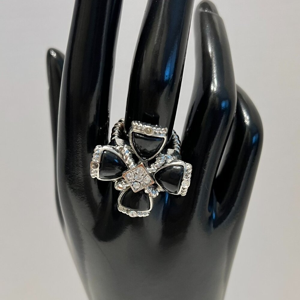 Large Silver & Black Cross w/Rhinestones Stretch Statement Ring